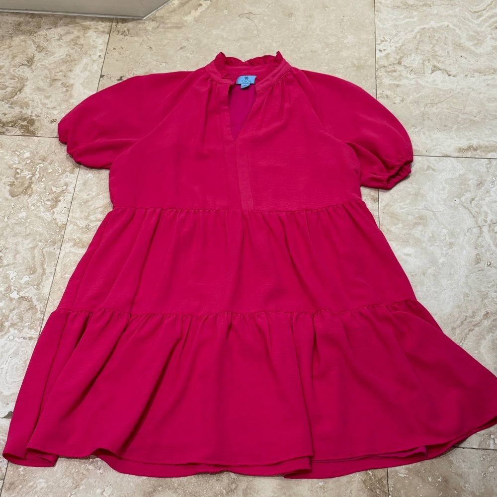 CeCe V-Notch Tiered Mini Dress in Fuchsia